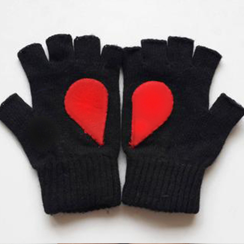 Women Woolen Cartoon Heart Outdoor Coldproof Half-finger Gloves